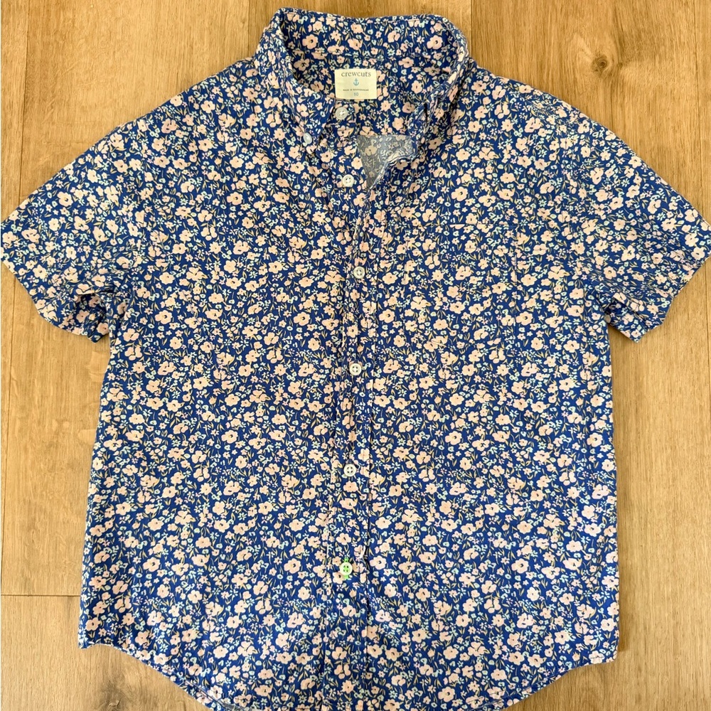 J Crew Crewcuts Boys Blue and Pink Floral Kids Button Down Shirt